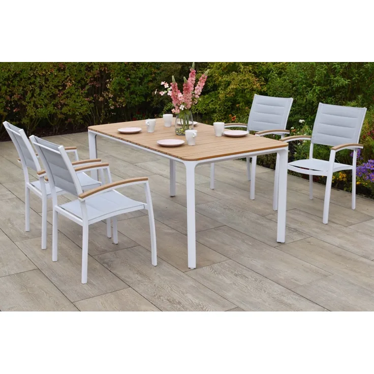 Pisa Gartenmöbel Set 5tlg, 4 Stapelsessel, Tisch 160 x 90 cm, weiß