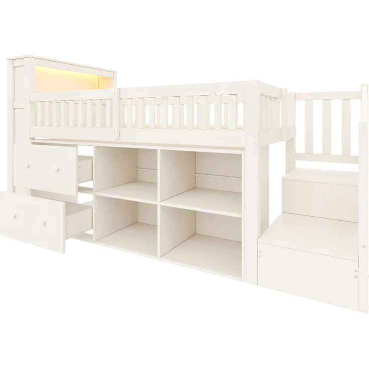 Halbhohes Bett, 90 x 200 cm, mit Schubladen, Staufächern, Leiterschrank, LED-Beleuchtung, Matratze nicht inbegriffen, Weiß – Bild 10