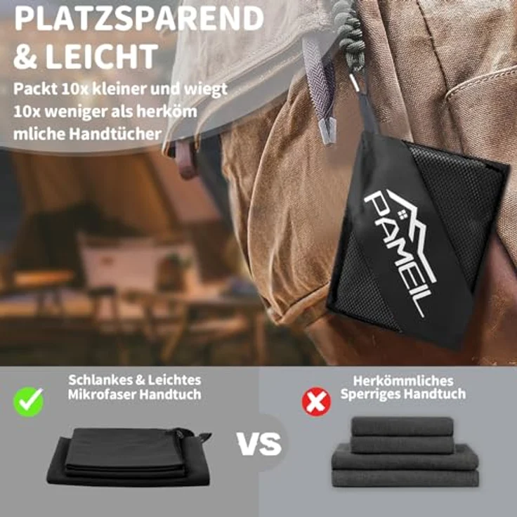 Pameil Mikrofaser Handtuch 3er Set, schnelltrocknend und super saugfähig, 160x80cm Badetuch + 2x 80x40cm Handtücher, Schwarz – Bild 4