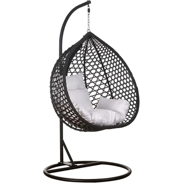 Luxus Hängesessel Style XXL Rattan Korb Gestell Schwarz mit Relaxkissen Weiss – Bild 1