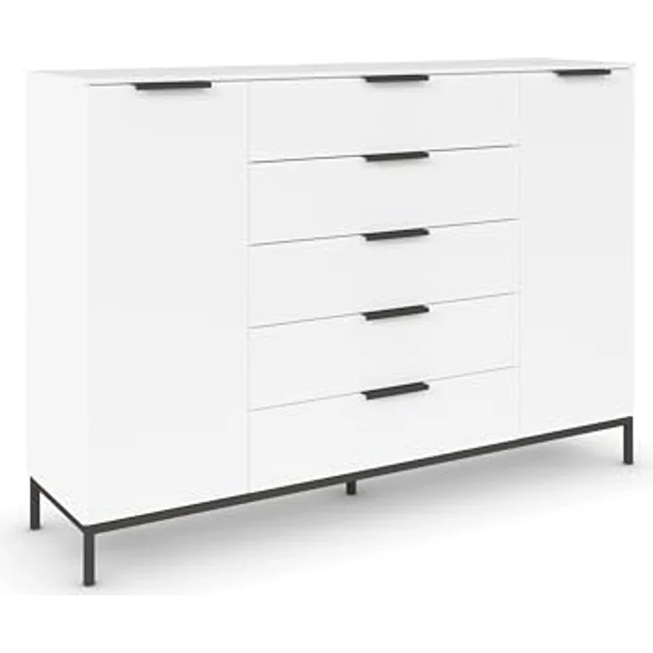Rauch Möbel Flipp, Kombikommode, Kommode mit Stauraum für Wohnzimmer, Schlafzimmer, Flur, 4 Fachböden, mit Metallkufe graphit, Alpinweiß, 2-türig, 5 Schubkästen, Griffe graphit, 160 x 111 x 42 cm – Bild 2