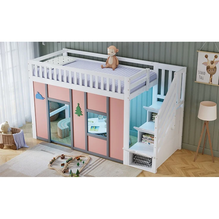 TavilaEcon Hochbett Halbhochbett mit Stauraumtreppe, LED-Beleuchtung und Spielbereich Liegefläche 90 × 200 cm – Bild 9