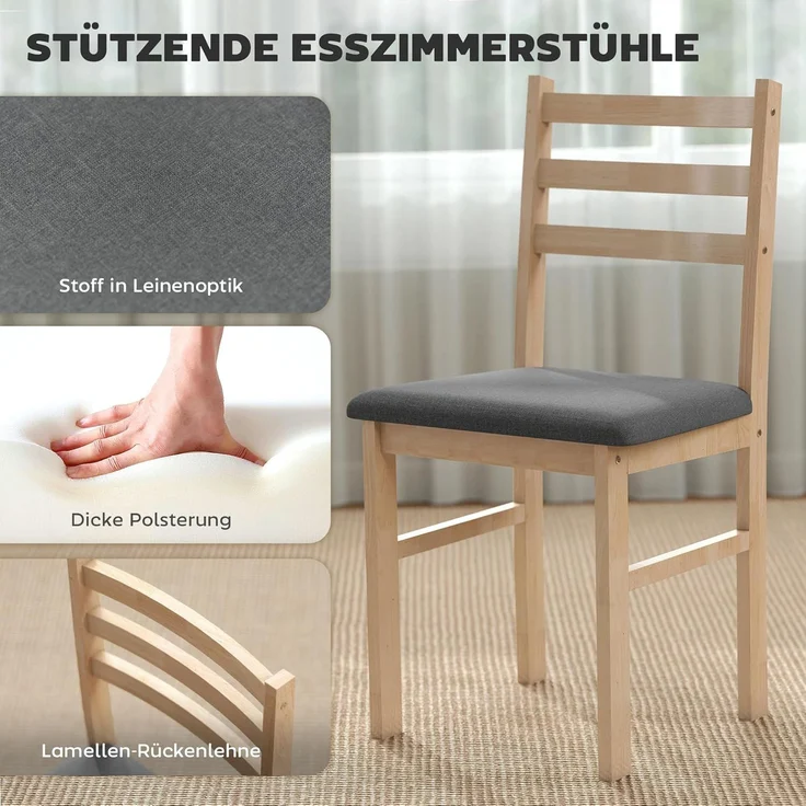 HOMCOM Essgruppe Esstisch mit 2 Stühlen Platzsparend Esszimmergruppe, (Sitzgruppe, 3-tlg, Küchentisch mit gepolsterten Essstühlen), für kleine Raum, Esszimmer, Küche, Naturholz – Bild 4