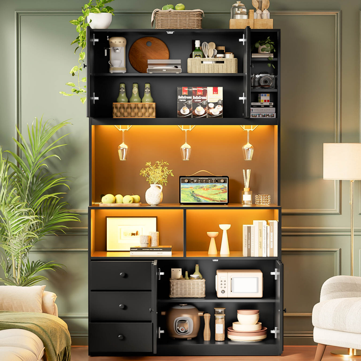 180 cm Küchenschrank, Hochschrank mit LED, Küchenregal mit Steckdose, Weinregal und Vitrine für Küche & Esszimmer--Schwarz--100x40x180cm--YOUDENOVA – Bild 10