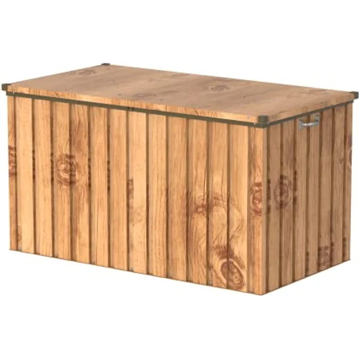 Duramax DH 1.3 (585L) Kissenbox aus Metall mit hydraulischer Gasdruckfeder und Vorhängeschlossöse, Terrassenbox und Gartenmöbelaufbewahrung für den Außenbereich, Holzmaserung