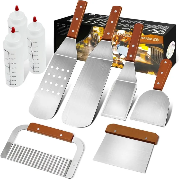MAIKEHIGH Grillspachtel-Plancha-Set, 9-teilig, Edelstahl silber / Holz natur