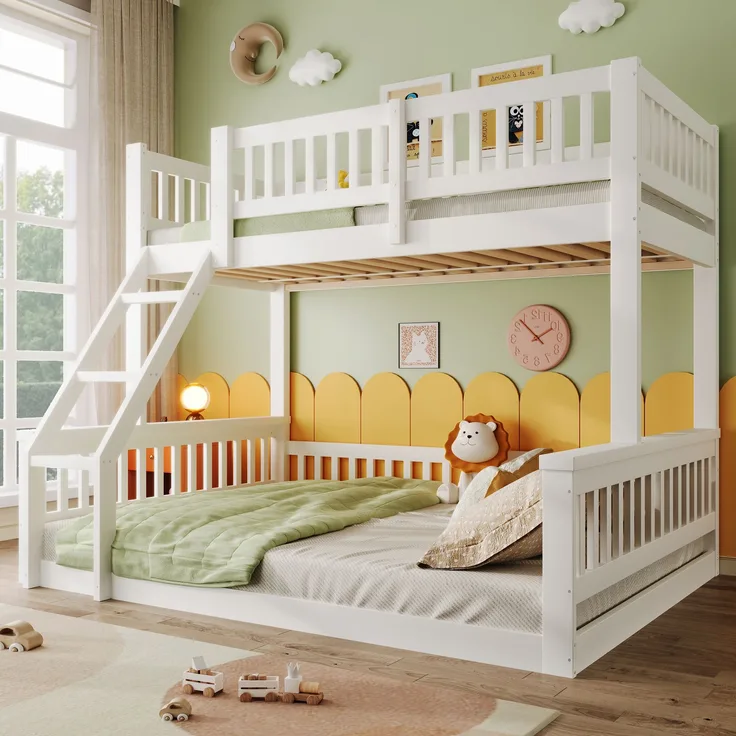 Bett 90x200 cm + 140x200 cm aus Kiefernholz mit Leiter und Schutzgitter – platzsparendes Etagenbett für Kinder