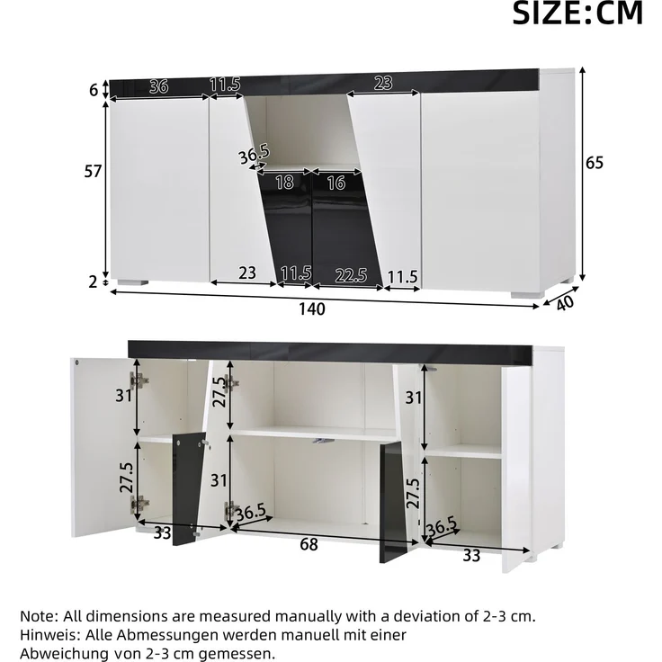Merax 140 cm Sideboard, Großer Aufbewahrungsschrank mit 3 Schränken und 4 Türen, Abgewinkeltes Design + Schwarz-Weiß-Farbblockierung, Moderne Kommode mit LED-Lichtleiste – Bild 4