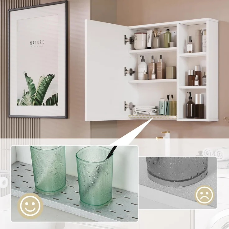 Mondeer Badezimmerschrank mit Spiegel, Spiegelschrank Bad der Wand montiert mit 1 Tür und 1 Tropfschale verstellbaren Ablagen moderner Stil, 65 x 15 x 65 cm, Weiß – Bild 5