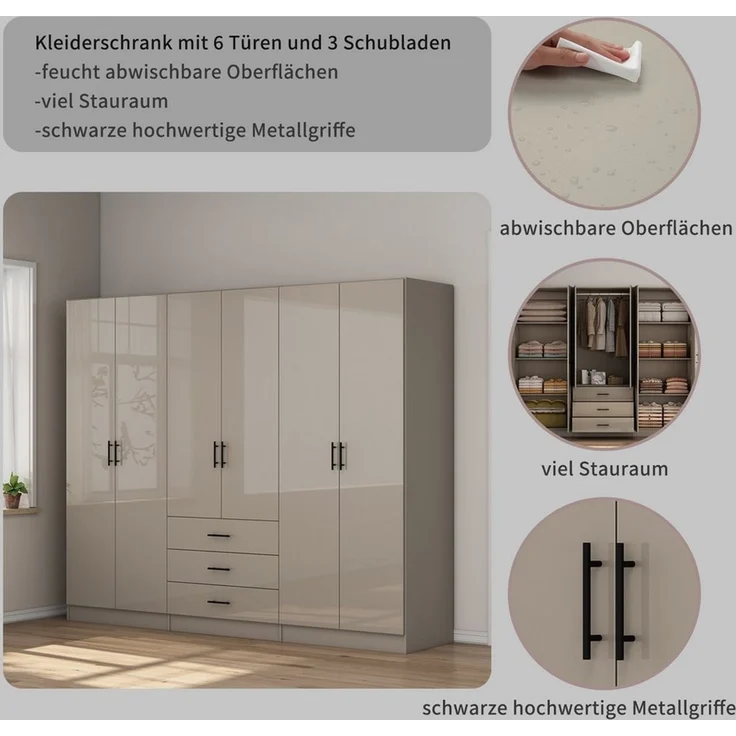 OTTO home Kleiderschrank Trento Schlafzimmerschrank Garderobe hochglanz Bestseller Schrank mit 6 Türen und 3 Schubladen, höchglänzende Fronten – Bild 2