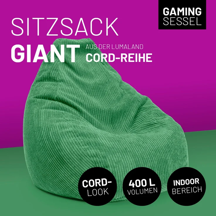 Lumaland Gaming Sitzsack XXL aus Cord | Gaming Sessel für Erwachsene & Teenager | Komfortabler Bean Bag 135x100 cm [Dunkelgrün] – Bild 3