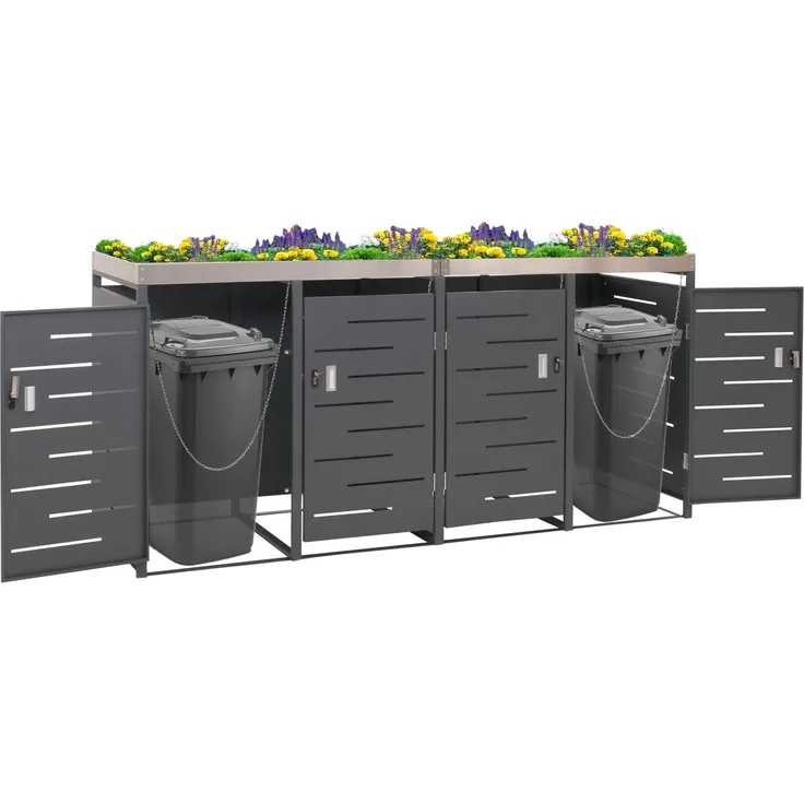 4er-Mülltonnenverkleidung HWC-H40, Mülltonnenbox, Pflanzkasten Edelstahl-Metall-Kombi 92kg 125x264x84cm erweiterbar