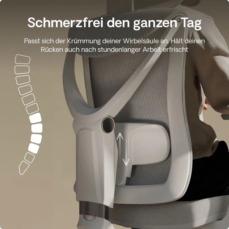 Desktronic Bürostuhl Verstellbarer Ergonomischer SitPro, Grau 3-Dimensional Armlehne, Integrierte 5-Wege-Lendenwirbelstütze – Bild 7