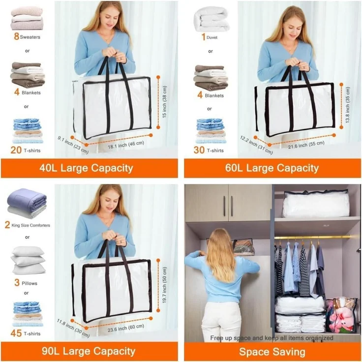 Transparente Kleideraufbewahrungstasche mit Reißverschluss 40L 60L 90L 3 Stück – Bild 2