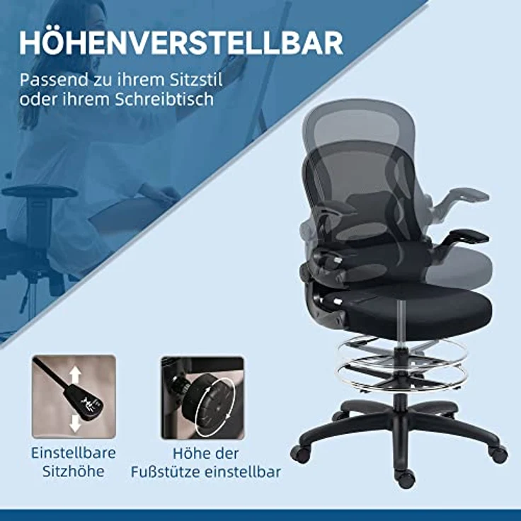 Vinsetto Ergonomischer Bürostuhl, Schwarz, höhenverstellbar mit Mesh-Gewebe und klappbaren Armlehnen, 65x122x59 cm – Bild 4