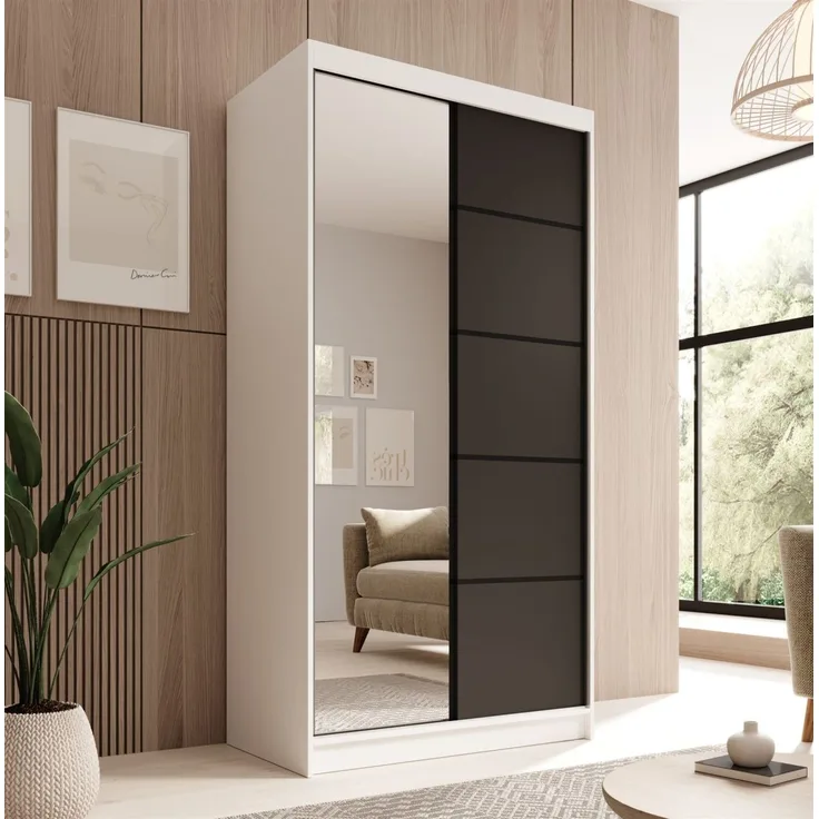 Schiebetürenschrank Schrank Nr. 120 in Weiß- Schwarz matt 100x200x58 cm