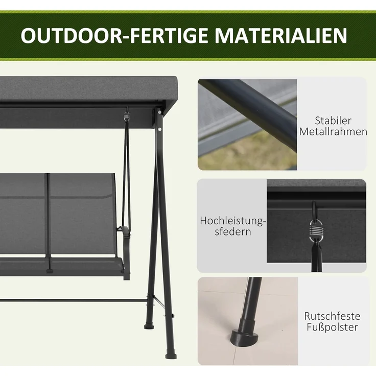 Outsunny Hollywoodschaukel Gartenschaukel mit Verstellbarem Dach, mit Armlehne, 3-Sitzer, Verstellbares Dach, Relaxstuhl, 1 tlg, Schaukelstuhl, für Garten, Balkon, Dunkelgrau – Bild 6