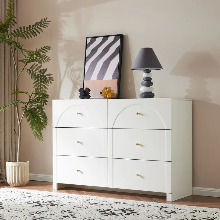 Cremeweißes Sideboard Mit 6 Schubladen Romantischer Luxus Stil Mit Geschwungenen Bögen Und Metallgriffen Aufbewahrungskommode Mit Kippsicherung 120cm Breit Für Schlafzimmer Wohnzimmer Kleiderschrank, 82cmx40cmx120cm, Weiß