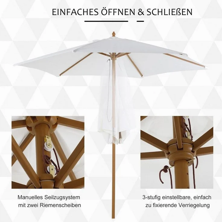 Outsunny Sonnenschirm mit Seilzugmechanismus, LxB: 250x250 cm, Balkonschirm, Strandschirm aus Bambus, Sonnenschutz für Balkon Terrasse Garten, Weiß – Bild 3