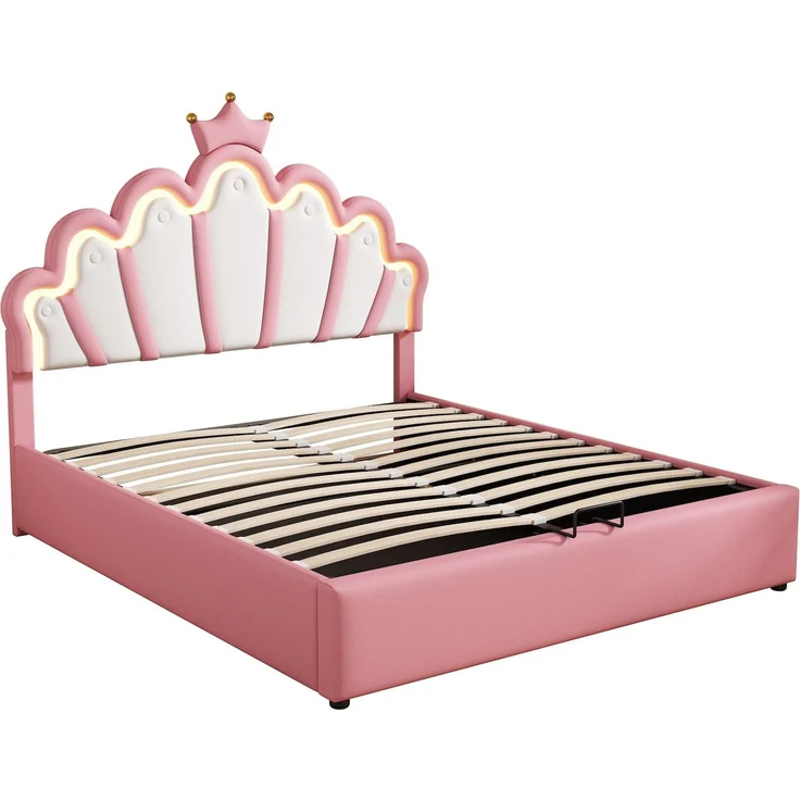 Prinzessinbett mit Lattenrost und LED-Beleuchtung, 140x200 cm, Mädchenbett, Polsterbett für Mädchen, Stauraumbet, Kunstleder – Bild 7