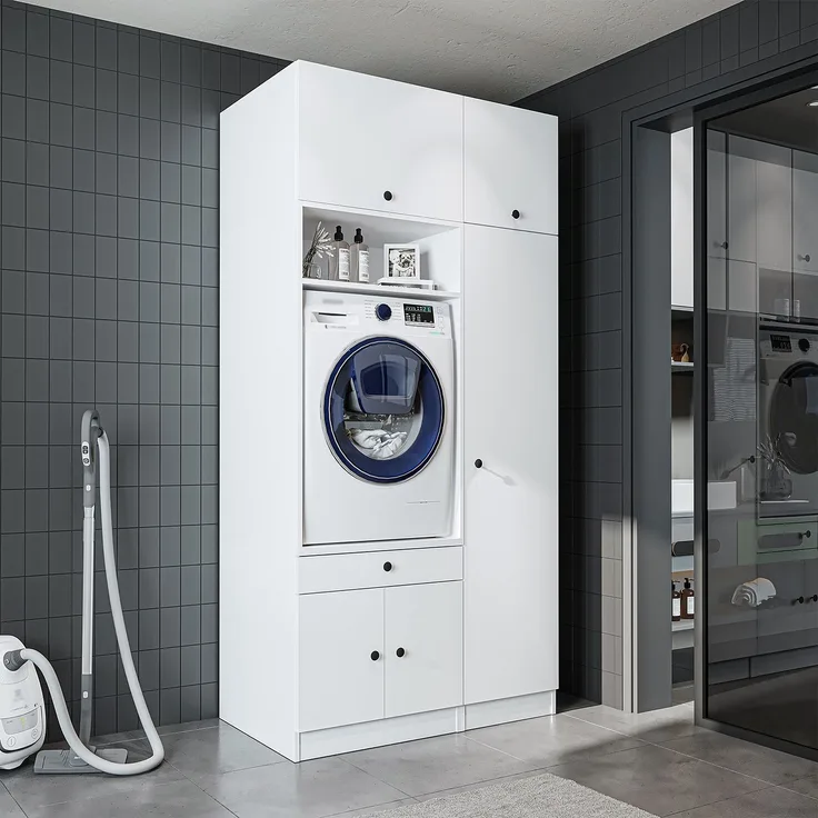 Roomart Schrankwand für Waschküche & Hauswirtschaftsraum – SERIE 1 – 112 cm breit – mit Ausziehbrett – Waschmaschinenschrank & Stauraumlösung • Weiß