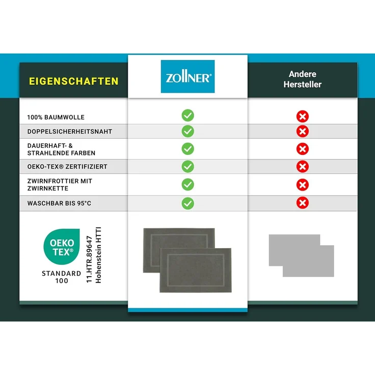 ZOLLNER Badematten 2er Set, taupe, 50x80 cm, 100% Baumwolle – Bild 5