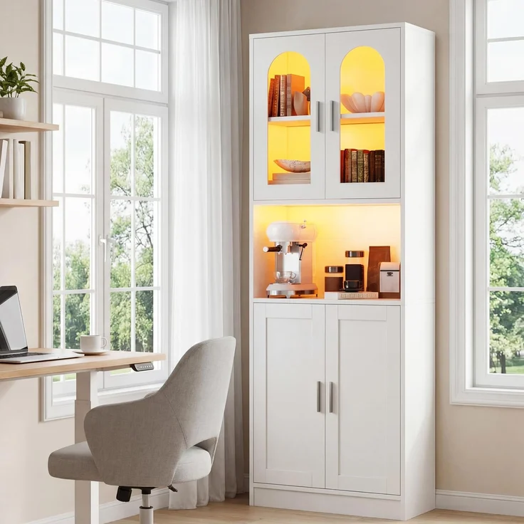 YITAHOME Hohes Bücherregal, Holzregal mit Schranktüren, modernes Bücherregal mit Präsentationsfläche, Aufbewahrungsschrank mit Beleuchtung für Zuhause, Büro, Wohnzimmer, Weiß – Bild 1