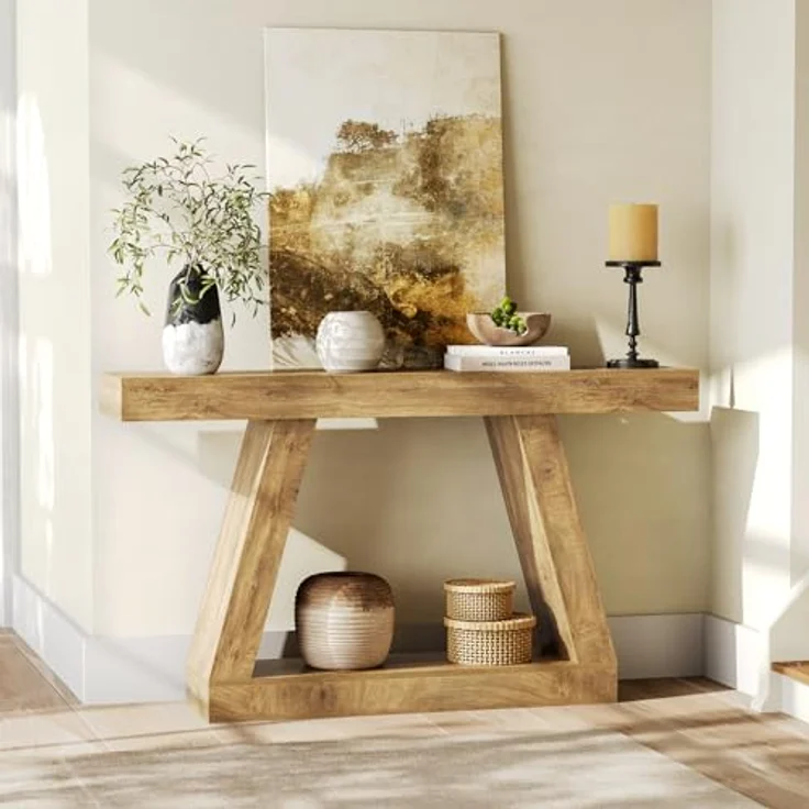 LITTLE TREE 140 cm-Sofatisch mit Stauraum, Konsolentisch im Landhausstil für zu Hause, rechteckiges Holzmöbelstück für den Eingangsbereich, Wohnzimmer, Schlafzimmer, Büro, Flur, Eiche – Bild 7
