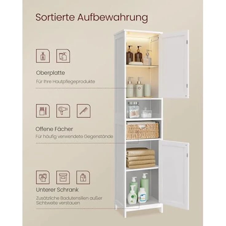 VASAGLE Badezimmerschrank mit Beleuchtung, hoch, schlanker Badschrank, Aufbewahrungsschrank mit verstellbaren Ablagen, für kleine Räume, modern, 40 cm breit, wolkenweiß BBC766WH03 – Bild 4