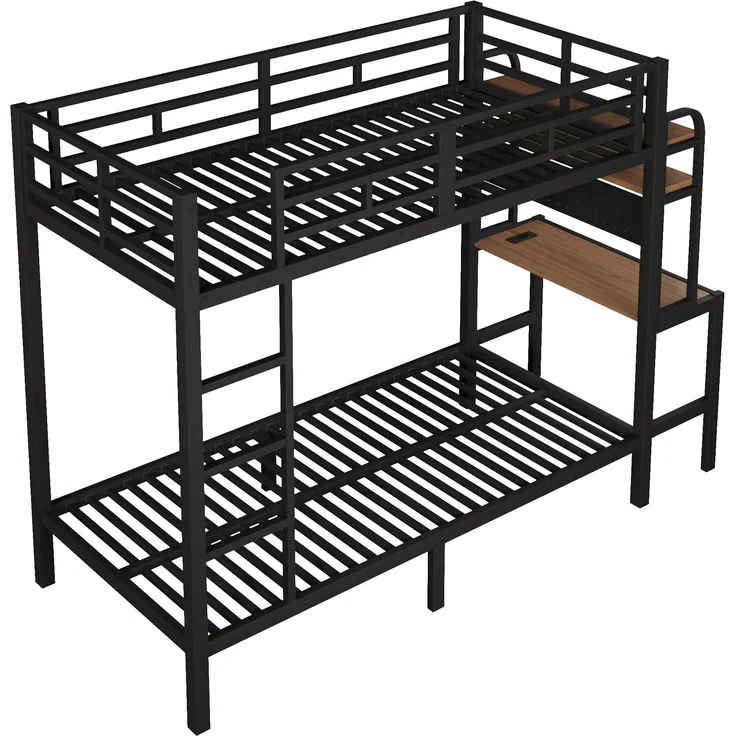 Etagenbett, 90x200 cm, Eisenrahmen, Ablagefach, Schreibtisch, mit LED-Lichtleiste, USB-Anschluss, Sicherheitsgeländer, Leiter, ohne Matratze, schwarz – Bild 10