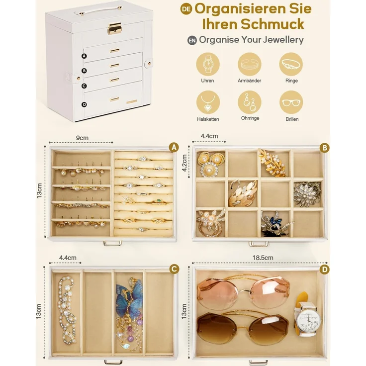 Yorbay Schmuckkasten Schmuckkoffer mit 5 Ebenen, 2 Seitenfächern, Weiß (Mit Spiegel), Schmuckkästchen, abschließbar, für Halsketten, Uhren, Ringe, Brille – Bild 3