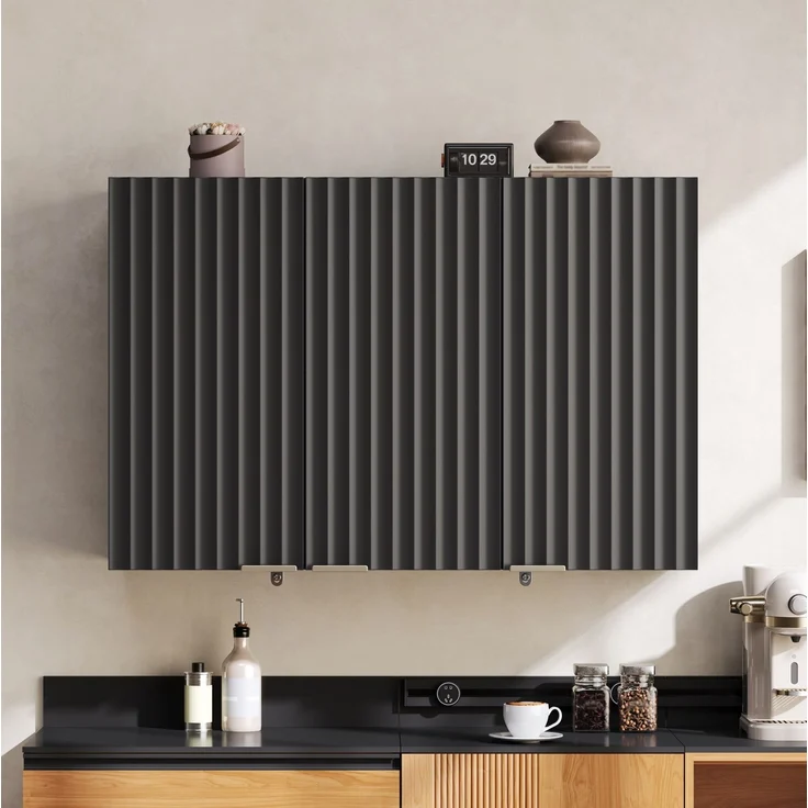 Küchen-Wandschrank 90 x 29 x 60 cm in Schwarz mit 3 Türen und strukturierten Fronten – Bild 4