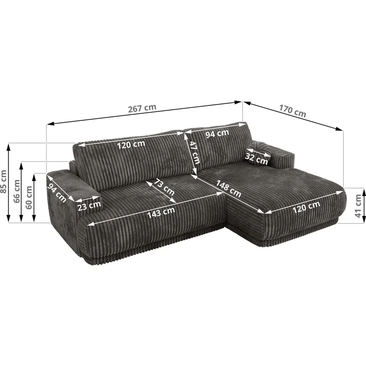 RINA L Design Ecksofa, Schlaffunktion & Stauraum, DL-System, Wellenfedern, Liegefläche 220x155 cm, freistehendes Polstersofa, Schlafcouch - Grau Cord - Links Seite – Bild 6