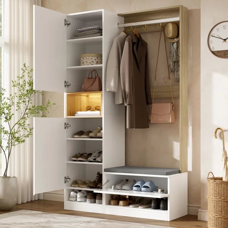 Garderoben-Set B 105 x T 35 x H 180 cm aus Spanplatte mit Sitzbank, Spiegel und LED-Beleuchtung