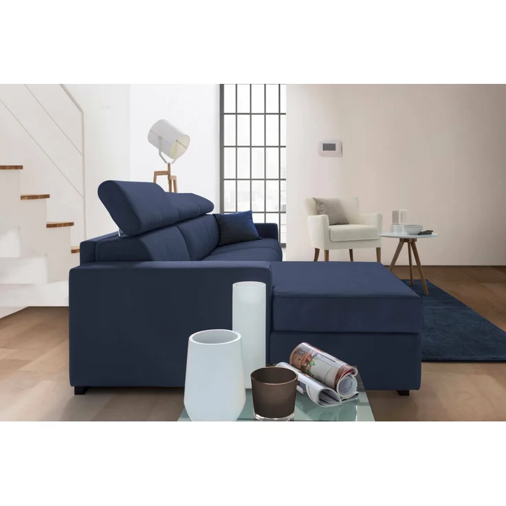Dmora Sofa mit Halbinsel Aryaly, Stoffsofa, Chaiselongue mit linkem Container, schmale Armlehnen, 100 % Made in Italy, 260 x 95 x 85 cm, Blau – Bild 5