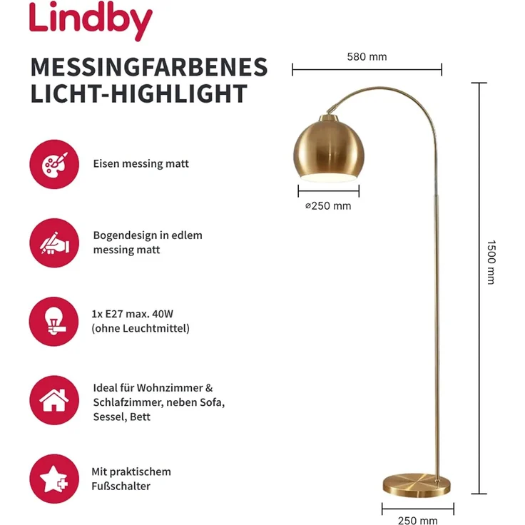 Lindby Stehlampe Moisia, Metall, Gold / Messing IP20, 1 x 15 W LED – Bild 2