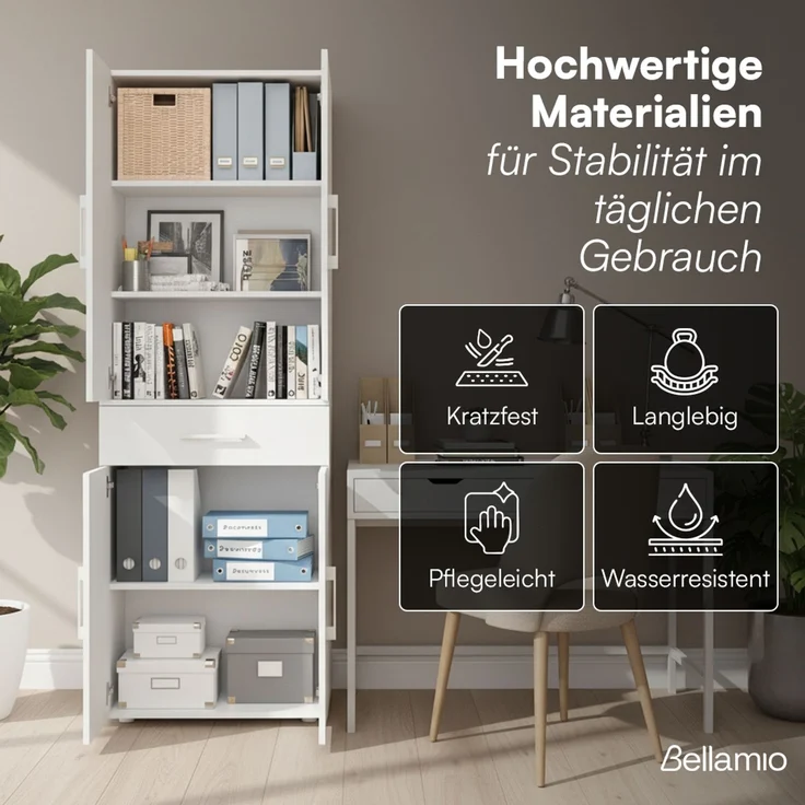 Bellamio 'Apol' Mehrzweckschrank, weiß, 176x33x60 cm, Aktenschrank mit Schublade und 5 Ablagefächern – Bild 5