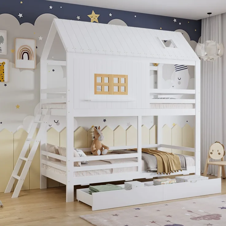 Merax Etagenbett, 90x200cm Kinderbett, Mit Schöne Fenster und Dach, Stabiler Lattenrost und Leiter, Mit zwei großen Schubladen, Weiß+Natur