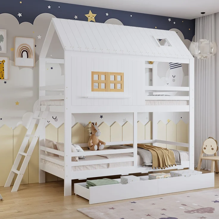 Merax Etagenbett, 90x200cm Kinderbett, Mit Schöne Fenster und Dach, Stabiler Lattenrost und Leiter, Mit zwei großen Schubladen, Weiß+Natur – Bild 1