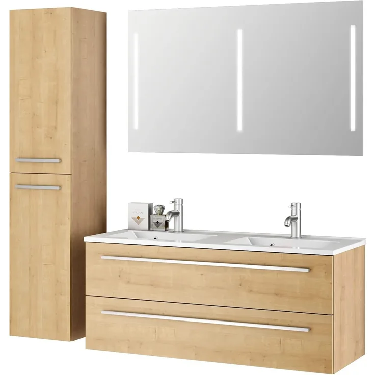 Sieper I Badmöbel Set Libato, Doppelwaschtisch mit Unterschrank 120x50 cm, Hochschrank und Badspiegel I Eiche Natur