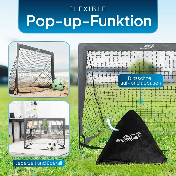ArtSport 'Goal Master' Pop-Up Fußballtor, 2er Set, mit Zubehör, Fiberglas-Gestell, 120x90 cm, Grau – Bild 2