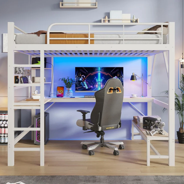 EINHOM Hochbett, 160 x 200cm, Eisenrahmen, Schreibtisch, Geländer, Trittleiter, mehrere Ablagen, mit usb+type-c Steckdose, mit LED Leiste, mit Lochbrett, ohne Matratze, Weiß – Bild 5