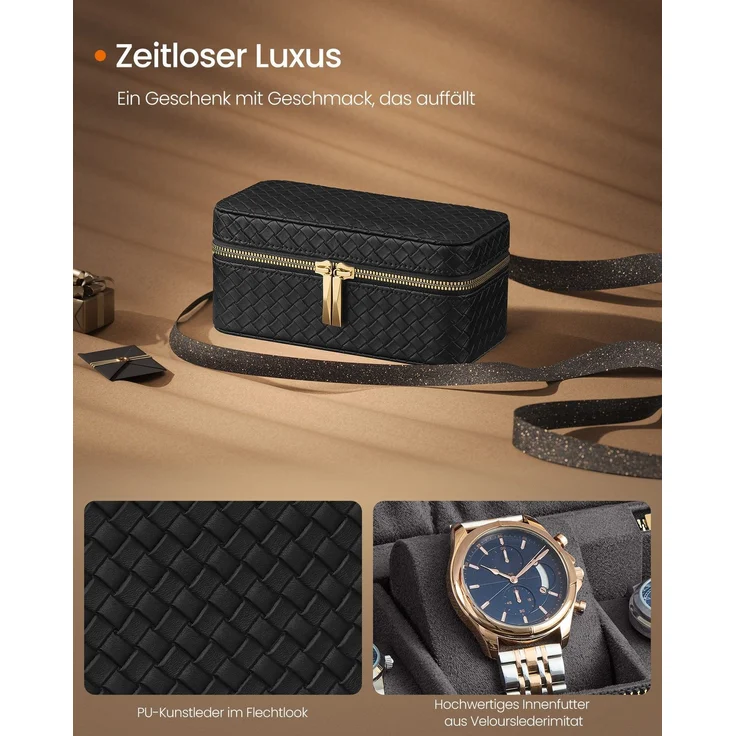 SONGMICS HOME RONNE Kollektion - Uhrenbox unterwegs, Etui für 3 Uhren, PU im Flechtlook, 10 x 20 x 9 cm, Geschenkidee, Bezug in Tintenschwarz, Innenfutter in Schiefergrau JWB017G01 – Bild 3