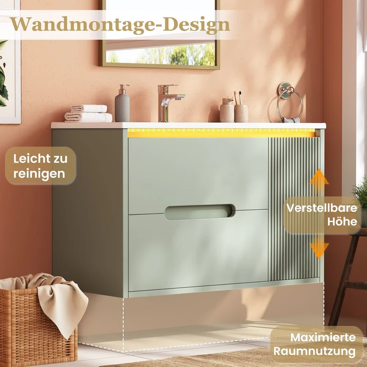 Wandmontierter Waschbeckenunterschrank 81 x 47 x 51 cm aus MDF mit Keramikbecken, LED und Wellenmuster – Bild 7