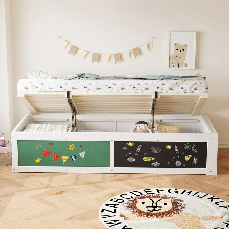 Kindereinzelbett 90×200 cm aus Holz mit hydraulischem Stauraum, weiß