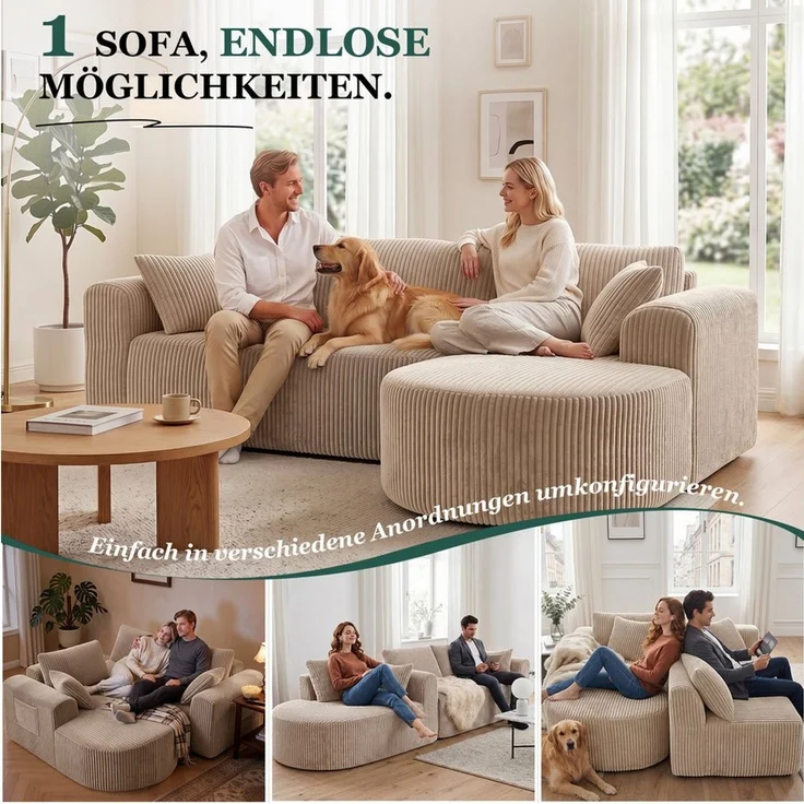COMHOMA Sofa Ecksofa mit Schlaffunktion, Corduroy Modulares Boneless Couch, mit Chaiselongue, L-Form Schlafsofa, Sektionssofas mit Kissen & Seitentaschen – Bild 3