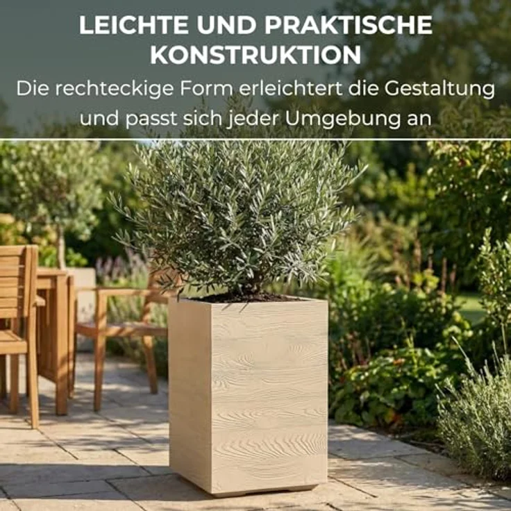 LAMELA Pflanzkübel mit Rollen Höhe 60 cm, 36L – Blumentopf aus Kunststoff in Holzoptik – Übertopf mit Wasserablauf – Modern für Innen & Außen - Wetterfest & Pflegeleicht, Beige – Bild 5