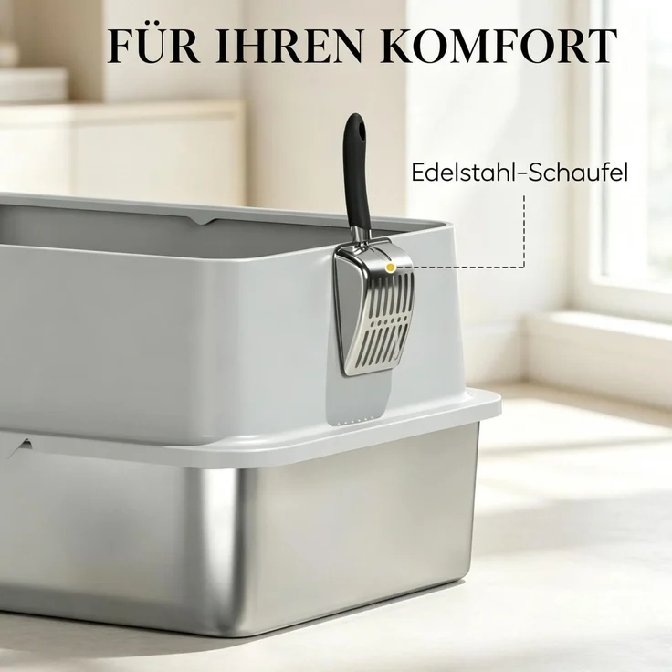 Katzenklo aus Edelstahl mit hohen Seitenwänden, Filtermatte, 60,2x40,2x29,6 cm, Silber/Grau – Bild 7
