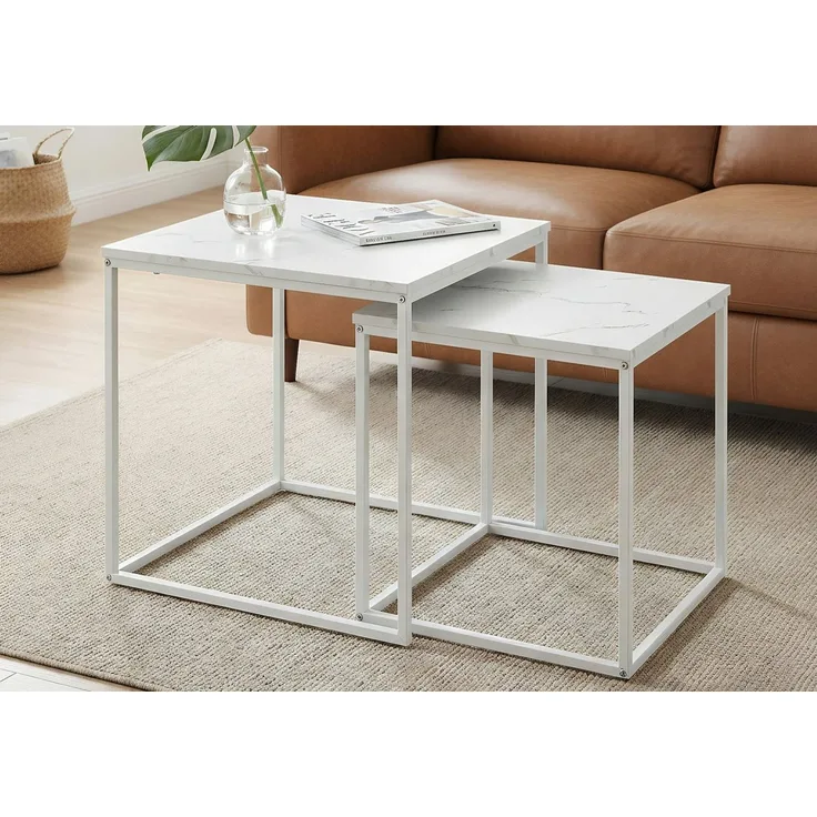 Home Collective Couchtisch 2er Set Beistelltisch Loft Design 2in1 Verschachtelung Wohnzimmer, kratzfeste Oberfläche 50cm & 45cm Weiß Marmor Optik mit Weißen Beinen