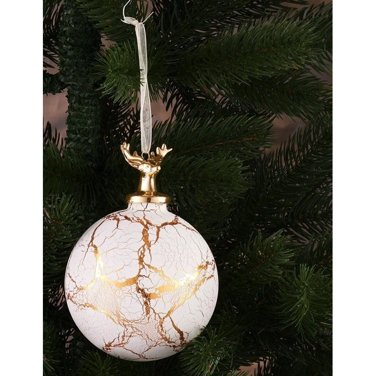 BRUBAKER Weihnachtsbaumkugel Premium Weihnachtskugel Hirsch auf Marmor Kugel Weiß Gold (1 St), 10 cm Baumkugel mit Hirschkopf Figur - Glas Dekoration in Marmor-Optik – Bild 2
